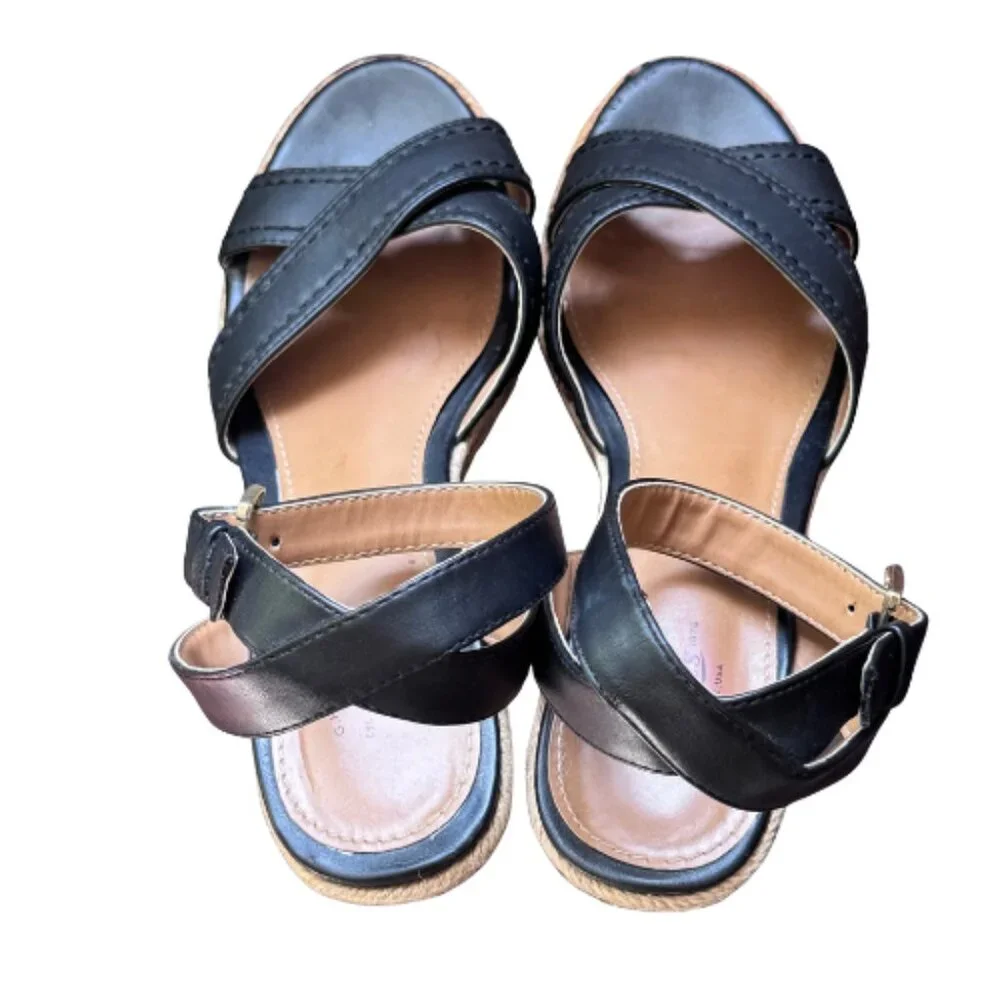 G.H. Bass & Co Black Espadrille Wedge Sandals Ankle Strap Buckle Size 8.5